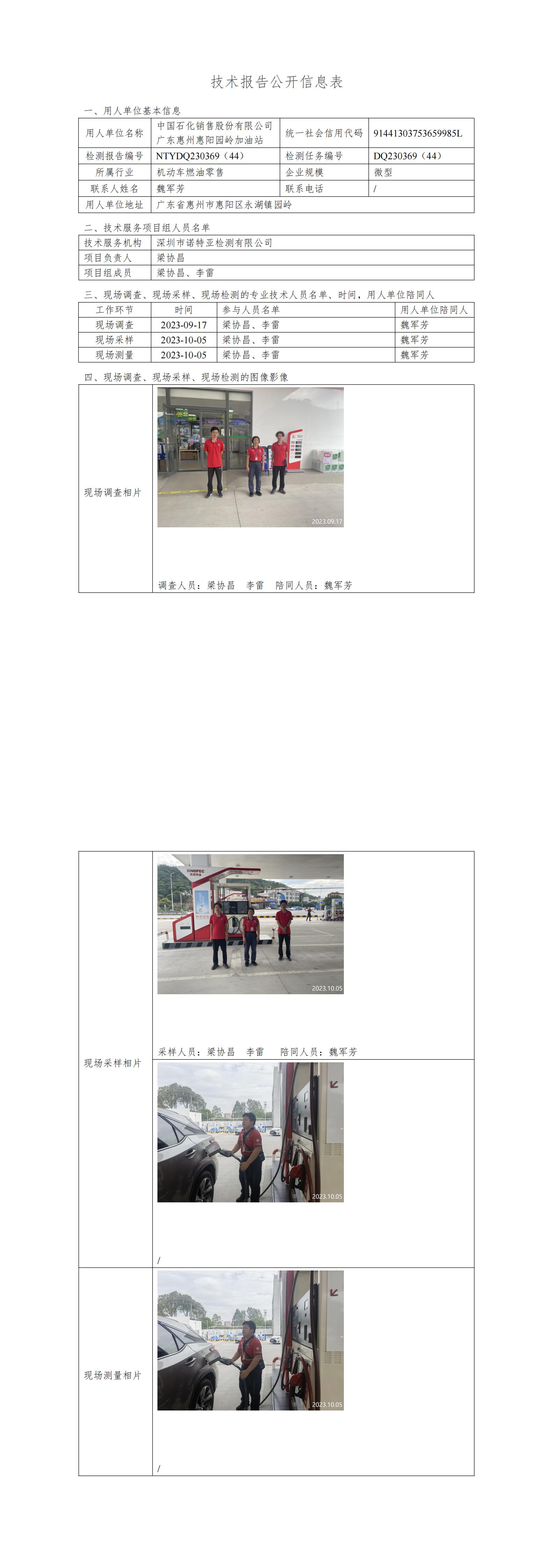 NTYDQ230369（44） 中国石化销售股份有限公司广东惠州惠阳园岭加油站